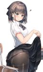  1girl absurdres black_skirt blouse desk half_updo highres looking_down original panties panties_under_pantyhose pantyhose ranf school_desk school_uniform short_hair skirt skirt_lift solo squiggle standing torn_clothes torn_legwear underwear white_blouse white_panties 