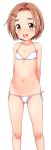  1girl :d arms_behind_back bare_arms bare_shoulders bikini bow bow_bikini brown_eyes brown_hair collarbone commentary_request feet_out_of_frame forehead hair_ornament hairclip highres idolmaster idolmaster_cinderella_girls micro_bikini navel open_mouth round_teeth ryuuzaki_kaoru short_hair side-tie_bikini simple_background smile solo standing swimsuit teeth testa thick_eyebrows upper_teeth white_background white_bikini 