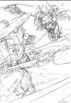  1girl battle commentary_request dual_wielding elbow_gloves frame_arms frame_arms_girl gloves greyscale headgear highres holding hresvelgr_ater hresvelgr_ater_(frame_arms) kumichou_(ef65-1118-ef81-95) long_hair low_twintails mecha mecha_musume monochrome moon open_mouth scythe sketch thighs traditional_media twintails 