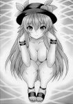  1girl bare_legs black_headwear bracelet breasts cleavage eyebrows_visible_through_hair food food_on_head greyscale hair_between_eyes hinanawi_tenshi jewelry long_hair looking_at_viewer monochrome nightmare77zx object_on_head sandals smile solo swimsuit touhou very_long_hair 