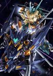  1girl alternate_color baselard beam blonde_hair commentary_request cutlass_(frame_arms) frame_arms frame_arms_girl glowing green_eyes gun headgear highres holding holding_weapon kumichou_(ef65-1118-ef81-95) long_hair mecha mecha_musume sky space star_(sky) starry_sky sword thrusters weapon 