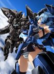  1girl armpits ass_visible_through_thighs black_legwear blue_eyes blue_hair blue_sky cloud commentary_request flying frame_arms frame_arms_girl glowing headgear highres holding_hands interlocked_fingers kumichou_(ef65-1118-ef81-95) long_hair mecha mecha_musume microskirt open_mouth outstretched_arms panties skindentation skirt sky spread_arms striped striped_panties stylet stylet_(frame_arms) thighhighs thighs underwear 