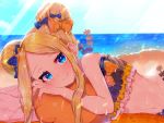  1girl abigail_williams_(fate/grand_order) akirannu bangs bare_shoulders beach bikini black_bikini black_bow blonde_hair blue_eyes blue_sky blush bow breasts closed_mouth double_bun emerald_float fate/grand_order fate_(series) forehead frilled_bikini frills long_hair looking_at_viewer lying multiple_bows navel ocean on_stomach orange_bow parted_bangs sidelocks sky small_breasts smile sparkle swimsuit wet 