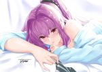  1girl bangs bare_shoulders blue_shirt blush breasts fate/grand_order fate_(series) hair_intakes large_breasts long_hair long_sleeves looking_at_viewer lying on_stomach parted_lips ponytail purple_hair red_eyes scathach_(fate)_(all) scathach_(fate/grand_order) shirt smile toyoman 