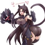  1girl absurdres animal_ears ass black_hair blush breasts cat_ears cat_tail claw_pose covered_nipples executioner_(girls_frontline) gauntlets girls_frontline highres kemonomimi_mode large_breasts long_hair mechanical_arm open_mouth red_eyes skindentation slit_pupils smile tail thighhighs very_long_hair zergling_(cdror1004) 