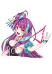  1girl :d absurdres armpits bangs breasts cleavage cropped_torso eyebrows_visible_through_hair highres long_hair looking_at_viewer macross macross_delta medium_breasts mikumo_guynemer nail_polish niyu_n_iyun open_mouth purple_hair purple_nails red_eyes shiny shiny_hair simple_background sleeveless smile solo tied_hair upper_body very_long_hair white_background 