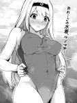  1girl alternate_costume bare_shoulders blush breasts commentary_request competition_swimsuit covered_navel covered_nipples greyscale hairband headband kantai_collection large_breasts long_hair monochrome one-piece_swimsuit open_mouth shohei_(piranha5hk) shoukaku_(kantai_collection) solo swimsuit swimsuit_pull translated 