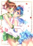  2girls :d absurdres back_bow bangs bishoujo_senshi_sailor_moon blue_bow blue_choker blue_eyes blue_hair blue_sailor_collar blue_skirt blush bow brown_hair choker collarbone collared_shirt earrings elbow_gloves gloves green_eyes green_sailor_collar green_skirt hair_between_eyes hair_bobbles hair_intakes hair_ornament high_ponytail highres hug jewelry long_hair miniskirt multiple_girls open_mouth pink_bow pleated_skirt red_choker sailor_collar sailor_jupiter sailor_mercury sailor_senshi_uniform sailor_shirt see-through shiny shiny_hair shirt short_hair skirt sleeveless sleeveless_shirt smile touki_matsuri white_gloves white_shirt 