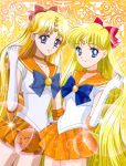  2girls bangs bishoujo_senshi_sailor_moon bishoujo_senshi_sailor_moon_crystal blonde_hair blue_eyes blue_neckwear bow choker circlet closed_mouth collarbone cowboy_shot earrings elbow_gloves eyebrows_visible_through_hair floating_hair gloves hair_between_eyes hair_bow jewelry lens_flare long_hair looking_at_viewer miniskirt mizuha_(aqua_no_hane) multiple_girls orange_choker orange_sailor_collar orange_skirt pleated_skirt red_bow sailor_collar sailor_senshi_uniform sailor_venus shiny shiny_hair shirt skirt sleeveless sleeveless_shirt smile standing very_long_hair white_gloves white_shirt 