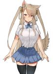  2020 absolute_territory animal_humanoid bell blush bottomwear bow_tie canid canid_humanoid clothing female hair humanoid kasuka_(kusuki) legwear long_hair looking_aside mammal mammal_humanoid school_uniform simple_background skirt solo stockings uniform white_background 