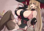  bare_shoulders black_legwear blonde_hair blush bra breasts eyebrows_visible_through_hair fellatio_gesture gloves hat highres holding holding_bra indoors large_breasts legs long_hair looking_at_viewer navel nijisanji noumu_(pixiv) nui_sociere open_mouth partly_fingerless_gloves red_ribbon ribbon sitting sleeveless thighhighs tongue tongue_out underwear virtual_youtuber window witch_hat yellow_eyes 