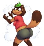  2020 anthro bottomwear breasts brown_body brown_hair butt canid canine clothing eyewear female glasses hair implied_transformation leaf mammal open_mouth raccoon_dog shirt shorts simple_background slightly_chubby solo subakitsu surprise tanuki topwear white_background 
