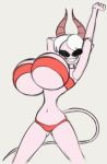  2018 angstrom big_breasts bikini breasts clothing demon digital_media_(artwork) eyewear felicity_(angstrom) female grey_background hair horn huge_breasts humanoid knick_knack not_furry pink_body pink_skin simple_background smile solo sunglasses sunny_miami swimwear white_hair 