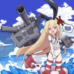  absurdres anger_vein black_hairband black_panties blonde_hair blue_skirt blue_sky brown_eyes cloud day hair_between_eyes hairband highres huge_filesize kantai_collection long_hair looking_at_viewer mmhomm navel ocean open_mouth panties rensouhou-chan shimakaze_(kantai_collection) skirt sky striped striped_legwear thighhighs underwear water 