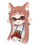  1girl animal_ears bandaid bangs blunt_bangs bracelet brown_eyes brown_hair clothes_writing coin_purse cropped_torso dog_ears domino_mask fang flying_sweatdrops frown holding inkling jewelry kanji kemonomimi_mode long_hair looking_at_viewer maco_spl mask open_mouth pointy_ears shirt simple_background solo splatoon_(series) t-shirt tentacle_hair translated upper_body white_background white_shirt 