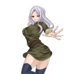  1girl belt blue_legwear brown_belt chage_00 fairy_tail floating_hair from_side genderswap genderswap_(mtf) green_jacket green_skirt grin hair_intakes jacket long_hair long_sleeves looking_at_viewer miniskirt outstretched_hand red_sclera shiny shiny_hair silver_hair simple_background skirt smile solo standing standing_on_one_leg thighhighs white_background zero_(fairy_tail) zettai_ryouiki 