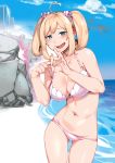  1girl absurdres ahoge bare_shoulders beach bikini blonde_hair blue_sky blush breasts cleavage cloud commentary cowboy_shot day ear_blush eyebrows_visible_through_hair green_eyes hair_ornament halterneck heart heart-shaped_pupils heart_ahoge highres idolmaster idolmaster_cinderella_girls large_breasts looking_at_viewer medium_hair menea naughty_face navel open_mouth outdoors penetration_gesture pink_bikini rock satou_shin shore sidelocks sky smile solo swimsuit symbol-shaped_pupils twintails water 