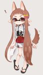  ! 1girl animal_ears bangs black_footwear blunt_bangs bone_hair_ornament bracelet brown_eyes brown_hair brown_shorts closed_mouth clothes_writing coin_purse commentary dog_ears domino_mask full_body inkling jewelry kanji kemonomimi_mode long_hair looking_at_viewer maco_spl mask motion_blur necklace pointy_ears sandals shirt short_shorts shorts simple_background smile solo splatoon_(series) standing t-shirt tail tail_wagging tentacle_hair translated very_long_hair white_background white_shirt 