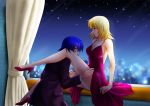  1boy 1girl athrun_zala bangs blonde_hair blue_hair breasts cagalli_yula_athha cleavage closed_eyes collarbone couple curtains dress dress_lift evening gundam gundam_seed hair_between_eyes hetero high_heels indoors jacket jewelry leg_lift lifted_by_another long_sleeves looking_at_another medium_breasts medium_hair necklace parubinko pump purple_jacket red_dress red_footwear shiny shiny_hair sideboob sleeveless sleeveless_dress yellow_eyes 