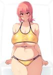  1girl absurdres arm_support bangs bare_shoulders bikini blush breasts cleavage closed_mouth curvy eyebrows_visible_through_hair fate/grand_order fate_(series) florence_nightingale_(fate/grand_order) hair_between_eyes highres low_tied_hair mon_(manarestra) navel pink_hair red_eyes swimsuit thick_thighs thighs underboob yellow_bikini 