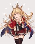  1girl :d black_legwear blonde_hair blush bracer cagliostro_(granblue_fantasy) capelet cowboy_shot granblue_fantasy grey_background hand_up leaning leaning_forward long_hair looking_at_viewer one_eye_closed open_mouth purple_eyes red_capelet red_skirt skirt smile solo standing star_(symbol) thighhighs tiara w waltz_(tram) 