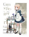  1girl blonde_hair blue_eyes bottle cup flower girls_frontline gunslinger_girl highres maid_dress maid_headdress plate red_wine rico_(gunslinger_girl) shoes shuzi smiley_face socks teacup teapot thighhighs vase wine_bottle 