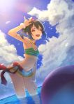  1girl :d arm_up armpits ball bangle bangs beachball bikini bikini_skirt black_hair blue_sky blush bow bracelet breasts cleavage cloud collarbone earrings flower flower_necklace frill_trim hair_flower hair_ornament hand_gesture hibiscus highres jewelry looking_at_viewer love_live! love_live!_school_idol_project macken medium_hair nail_polish natsuiro_egao_de_1_2_jump! navel necklace ocean open_mouth outdoors red_bow red_eyes red_flower sky sleeveless small_breasts smile solo star_(symbol) star_earrings striped striped_swimsuit swimsuit tankini upper_teeth water yazawa_nico 