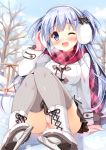  1girl ;d arm_support bangs bare_tree black_bow black_skirt blue_eyes blue_hair blurry blush bokeh boots bow breasts breath coat commentary_request cross-laced_footwear depth_of_field earmuffs gloves grey_legwear hair_bow hair_ornament head_tilt heart heart_hair_ornament ice ice_skates ice_skating lace-up_boots long_hair long_sleeves looking_at_viewer medium_breasts miniskirt one_eye_closed open_mouth original outdoors pan_(mimi) panties pantyshot photoshop_(medium) pink_gloves pink_panties plaid plaid_scarf pom_pom_(clothes) railing ribbed_legwear scarf sitting skates skating skirt smile snow snowing solo thighhighs tree two_side_up underwear upskirt very_long_hair white_footwear winter 