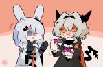  2girls animal_ears arknights bangs black_dress black_gloves bunny_ears candy dress eating food frostnova_(arknights) gloves hair_ornament hair_over_one_eye hairclip holding holding_food horns jacket kdmr0402 long_sleeves multiple_girls open_mouth orange_eyes reunion_logo_(arknights) silver_hair smile tail talulah_(arknights) white_hair 