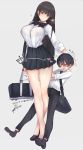 1boy 1girl bag between_thighs black_hair black_legwear blush bow bowtie breasts commentary_request flying_sweatdrops full_body heart height_difference loafers long_hair open_mouth original pleated_skirt red_eyes rib:y(uhki) school_bag shoes skirt smile socks tears 