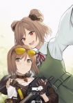  2girls artist_request blush cosplay costume_switch double_bun girls_frontline gunslinger_girl henrietta_(gunslinger_girl) henrietta_(gunslinger_girl)_(cosplay) highres light_brown_eyes light_brown_hair multiple_girls p90_(girls_frontline) p90_(girls_frontline)_(cosplay) red_eyes short_hair smile 