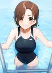  1girl absurdres bangs black_swimsuit breasts brown_eyes brown_hair closed_mouth collarbone commentary_request competition_swimsuit cowboy_shot from_above highres idolmaster idolmaster_cinderella_girls logo looking_at_viewer medium_breasts mizuki_seira onao one-piece_swimsuit parted_bangs pool_ladder short_hair smile solo sparkle swimsuit wading water wet wet_hair 