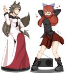  2girls animal_ears arms_behind_head bare_shoulders between_breasts black_shirt blue_bow boombox bow breasts brooch brown_hair capelet closed_eyes closed_mouth clothes_between_breasts dancing dress eighth_note epic_armageddon hair_bow hidden_mouth highres imaizumi_kagerou jewelry long_hair long_skirt long_sleeves motion_lines multiple_girls musical_note off-shoulder_dress off_shoulder one_eye_closed quarter_note red_eyes red_hair sekibanki shirt short_hair simple_background skirt smile tail touhou werewolf white_background white_dress wolf_ears wolf_tail 