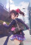  1girl bag black_hair from_behind highres looking_at_viewer looking_back love_live! love_live!_school_idol_project open_mouth otonokizaka_school_uniform red_eyes running school_bag school_uniform shamakho skirt solo twintails yazawa_nico 