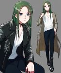  1boy belt bishounen blue_eyes boots choker collarbone commentary_request drawingddoom eyebrows_visible_through_hair eyes_visible_through_hair fire_emblem fire_emblem:_three_houses full_body green_hair grey_background highres jacket linhardt_von_hevring long_hair long_sleeves looking_at_viewer multiple_views pants shirt simple_background standing 