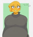  absurd_res alphys anthro belly big_breasts blush breasts buckteeth chubby_female clothed clothing english_text eyewear female glasses hi_res looking_at_viewer non-mammal_breasts reptile scales scalie simple_background slightly_chubby smile solo standing sweater sylverow0 teeth text topwear undertale video_games yellow_body yellow_scales 