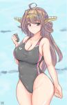  1girl absurdres ahoge alternate_costume artist_logo black_swimsuit blush breasts brown_hair cleavage collarbone competition_swimsuit covered_navel double_bun hairband headgear highres kantai_collection kongou_(kantai_collection) large_breasts long_hair navel one-piece_swimsuit purple_eyes remodel_(kantai_collection) smile solo swimsuit thighs tong_shui 