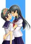  2girls :d arms_around_waist black_hair blue_background blue_sailor_collar blue_skirt brown_eyes floating_hair flower hair_flower hair_ornament head_wreath hug imminent_kiss long_hair multiple_girls neckerchief open_mouth pink_flower pleated_skirt profile red_neckwear sailor_collar saten_ruiko school_uniform serafuku shiny shiny_hair shirt short_hair short_sleeves skirt smile standing to_aru_kagaku_no_railgun to_aru_majutsu_no_index two-tone_background uiharu_kazari very_long_hair white_background white_flower white_shirt yuri yuuki_hide 