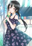  1girl alternate_hairstyle bangs bare_shoulders black_dress black_hair bracelet braid collarbone commentary_request crepe day dress floral_print food hair_between_eyes holding holding_food jewelry licking long_hair looking_at_viewer love_live! love_live!_school_idol_project low_twintails off-shoulder_dress off_shoulder outdoors pleated_dress print_dress red_eyes sakasa_(guranyto) short_sleeves solo stall tongue tongue_out twin_braids twintails very_long_hair yazawa_nico 