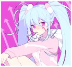  1girl arrow_(symbol) arrow_print dadadanoda facial_tattoo hair_ornament half-closed_eyes hands_on_own_knees hatsune_miku highres knees_up light_blue_hair long_hair looking_at_viewer mouth_hold pill pink_background pink_eyes pink_shirt ringed_eyes shirt sitting slow_motion_(vocaloid) tattoo thermometer twintails upper_body very_long_hair vocaloid 