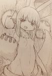  1other animal_ears breasts eyebrows_visible_through_hair fur furry highres indoors looking_at_viewer made_in_abyss mitsuba-sama_(milkba-ng) monochrome nanachi_(made_in_abyss) navel open_mouth short_hair sketch small_breasts solo tail topless whiskers 