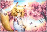  1girl animal_ears blonde_hair blue_sky bug butterfly closed_mouth commission emperpep english_commentary eyebrows_visible_through_hair fox_ears fox_girl fox_tail hair_between_eyes hakama holding insect japanese_clothes kimono looking_at_viewer miko mixed-language_commentary petals senko_(sewayaki_kitsune_no_senko-san) sewayaki_kitsune_no_senko-san short_hair sky smile solo standing tail traditional_media tree watercolor_(medium) yellow_eyes 