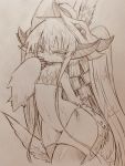  1other animal_ears bikini closed_mouth covered_nipples eyebrows_visible_through_hair fur furry hair_between_eyes highres looking_at_viewer made_in_abyss micro_bikini mitsuba-sama_(milkba-ng) monochrome nanachi_(made_in_abyss) short_hair sketch smile swimsuit tail whiskers 