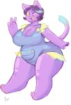  4_fingers angstrom anthro barefoot belly big_breasts biped black_hair blue_hair blush breasts catty_(undertale) cleavage clothed clothing curvy_figure cute_fangs domestic_cat felid feline felis female fingers gesture hair looking_at_viewer mammal multicolored_hair one_eye_closed open_mouth open_smile overalls overweight overweight_female pawpads paws simple_background smile solo thick_thighs two_tone_hair undertale v_sign video_games voluptuous white_background wide_hips wink 