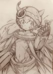  1boy bare_shoulders eyebrows_visible_through_hair facial_mark hand_up helmet highres made_in_abyss male_focus mitsuba-sama_(milkba-ng) navel nipples pointy_ears regu_(made_in_abyss) short_hair sketch solo 