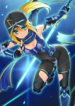 1girl adapted_costume ahoge artoria_pendragon_(all) bare_shoulders baseball_cap black_background blue_background blue_scarf breasts cleavage elbow_gloves eyebrows_visible_through_hair eyes_visible_through_hair fate/grand_order fate_(series) feet_out_of_frame fingerless_gloves gloves glowing glowing_sword glowing_weapon gradient gradient_background hair_between_eyes hair_through_headwear hat himitsucalibur holding holding_sword holding_weapon long_hair looking_at_viewer mysterious_heroine_x namonashi ninja ponytail scarf skin_tight sleeveless small_breasts smile solo sword vambraces weapon 