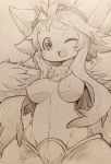  1girl ;d animal_ears breasts fur furry highres long_hair looking_at_viewer made_in_abyss medium_breasts mitsuba-sama_(milkba-ng) mitty_(made_in_abyss) mitty_(made_in_abyss)_(furry) monochrome navel one_eye_closed open_mouth sketch smile solo whiskers 