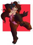  2020 4_fingers anthro black_nose blizzard_entertainment breasts brown_body brown_fur brown_hair chest_tuft dascarl female fingers fur genitals hair hi_res long_hair mammal navel nipples nude on_one_leg pandaren pawpads pussy red_pandaren simple_background slightly_chubby smile solo standing thick_thighs tuft ursid video_games warcraft 