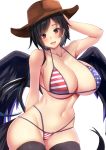  1girl american_flag_bikini bikini black_hair breasts brown_headwear covered_nipples cowboy_hat ebi_193 flag_print hat huge_breasts kurokoma_saki looking_at_viewer multi-strapped_bikini print_bikini print_swimsuit red_eyes smile swimsuit tail thighhighs touhou white_background wings 