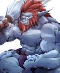  2020 3_fingers abs beard big_muscles blue_body blue_eyes blue_nipples blue_skin bottomwear bulge clothed clothing facial_hair fingers hair hi_res huge_muscles humanoid humanoid_hands humanoid_pointy_ears iokei177 league_of_legends male muscular muscular_male nipples not_furry pecs read_hair red_hair riot_games scar shorts simple_background sitting solo topless troll trundle tusks video_games white_background 